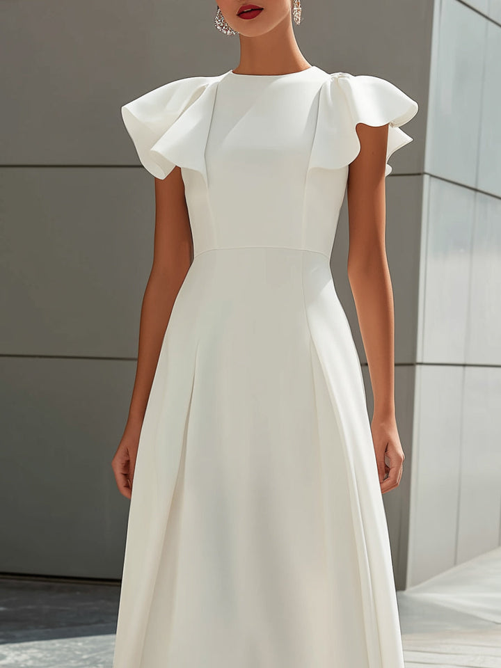 Morgan & Brooke | Ivory Ruffle-Sleeve Structured A-Line Crepe Maxi Dress