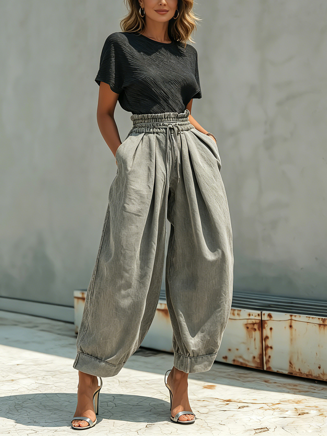 Morgan & Brooke | Washed Gray Paperbag Waist Harem Cut Denim Pants
