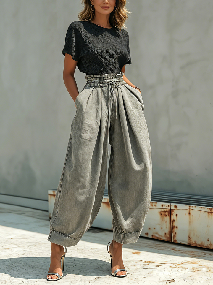 Morgan & Brooke | Washed Gray Paperbag Waist Harem Cut Denim Pants