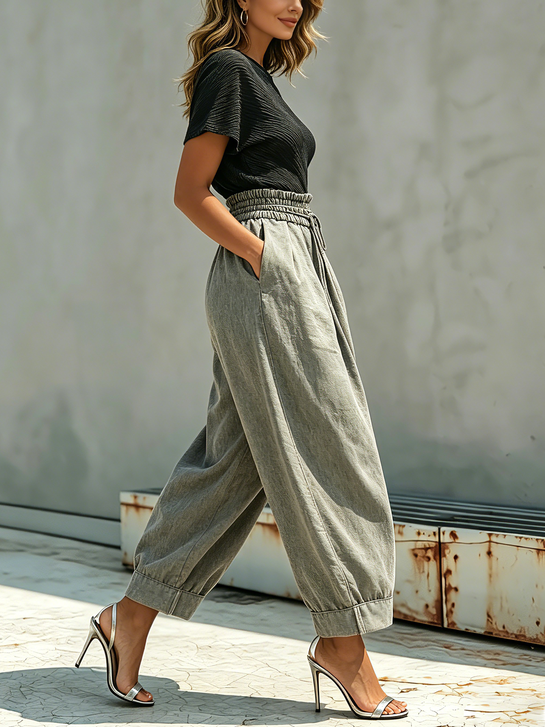 Morgan & Brooke | Washed Gray Paperbag Waist Harem Cut Denim Pants