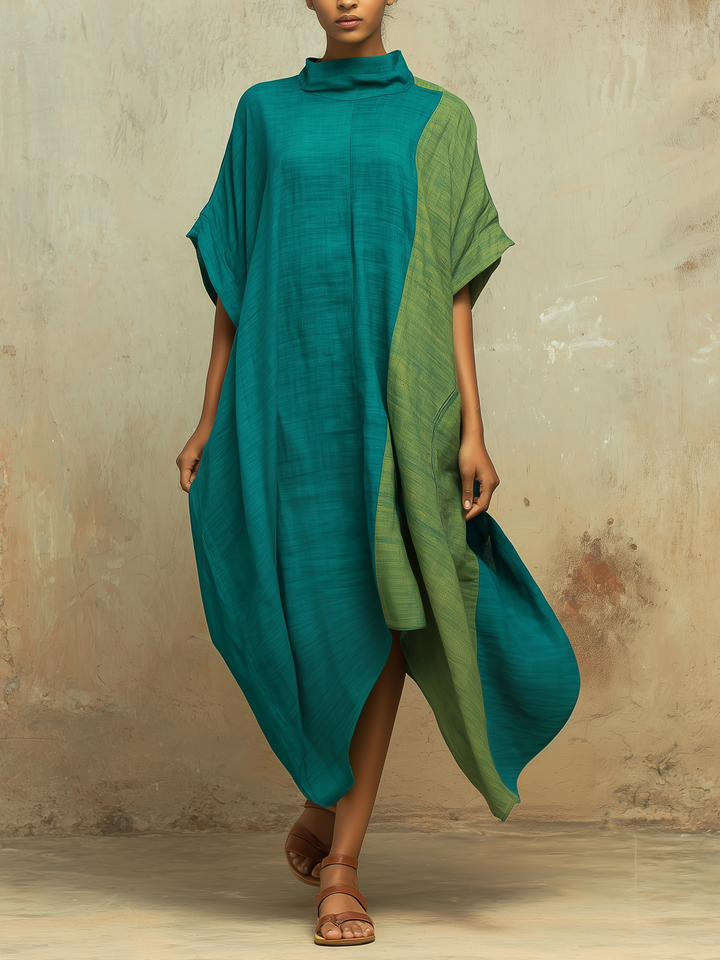 Morgan & Brooke | Teal & Olive Asymmetrical Linen-Blend Kaftan Dress