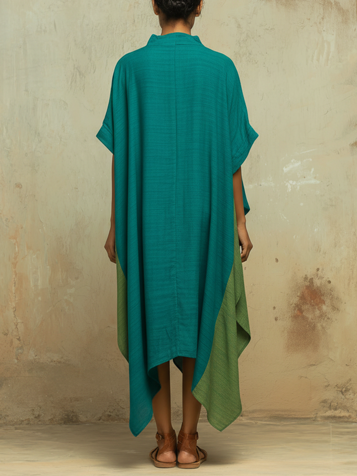 Morgan & Brooke | Teal & Olive Asymmetrical Linen-Blend Kaftan Dress