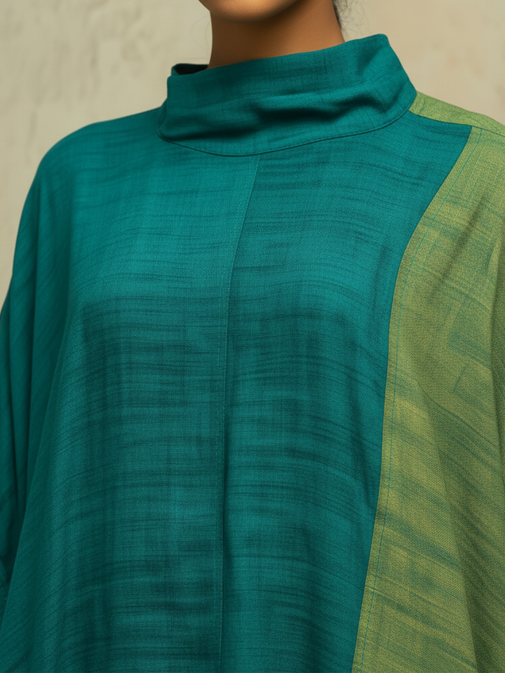 Morgan & Brooke | Teal & Olive Asymmetrical Linen-Blend Kaftan Dress