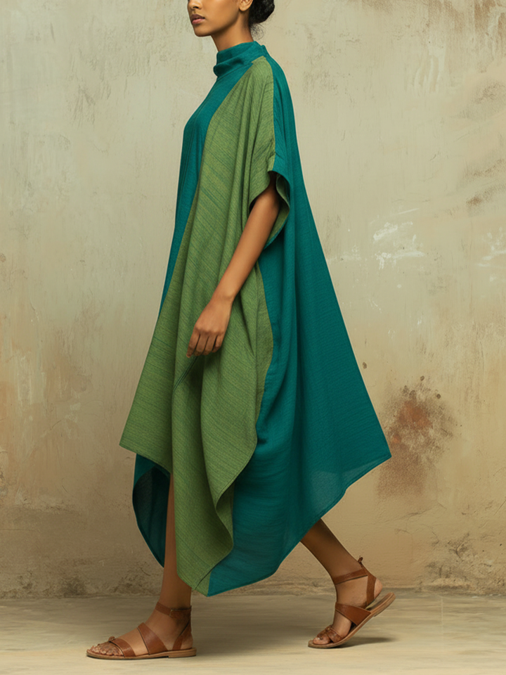 Morgan & Brooke | Teal & Olive Asymmetrical Linen-Blend Kaftan Dress