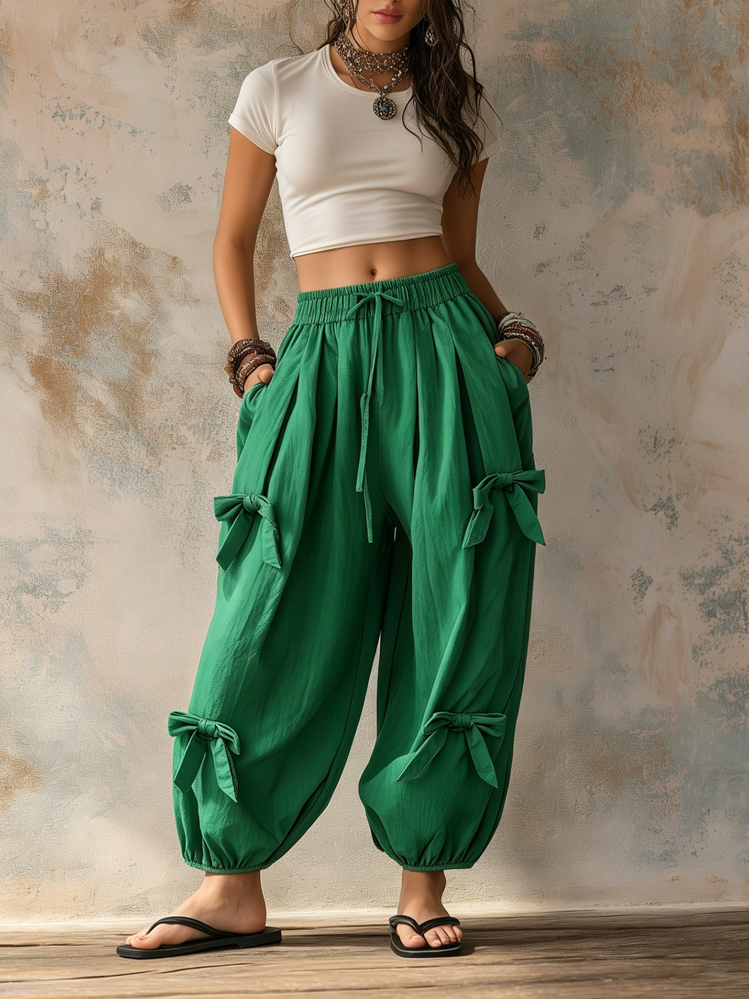 Morgan & Brooke | Emerald Green Bow-Tie Waist Balloon Harem Pants