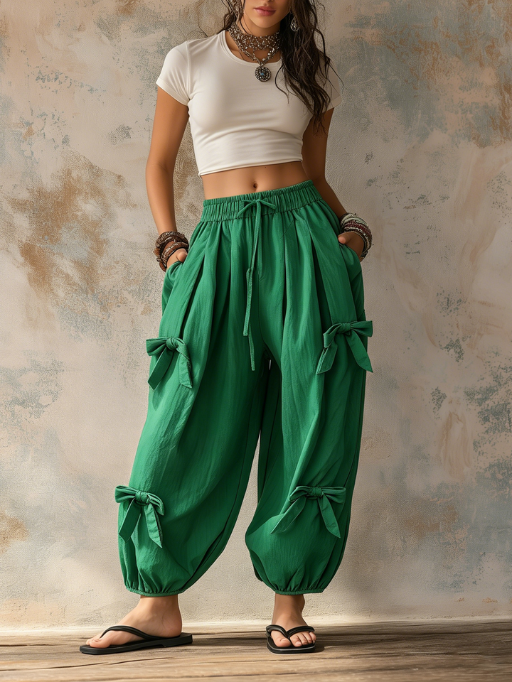 Morgan & Brooke | Emerald Green Bow-Tie Waist Balloon Harem Pants
