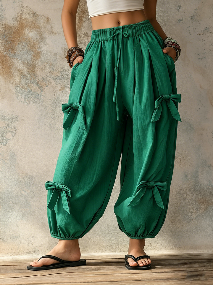Morgan & Brooke | Emerald Green Bow-Tie Waist Balloon Harem Pants