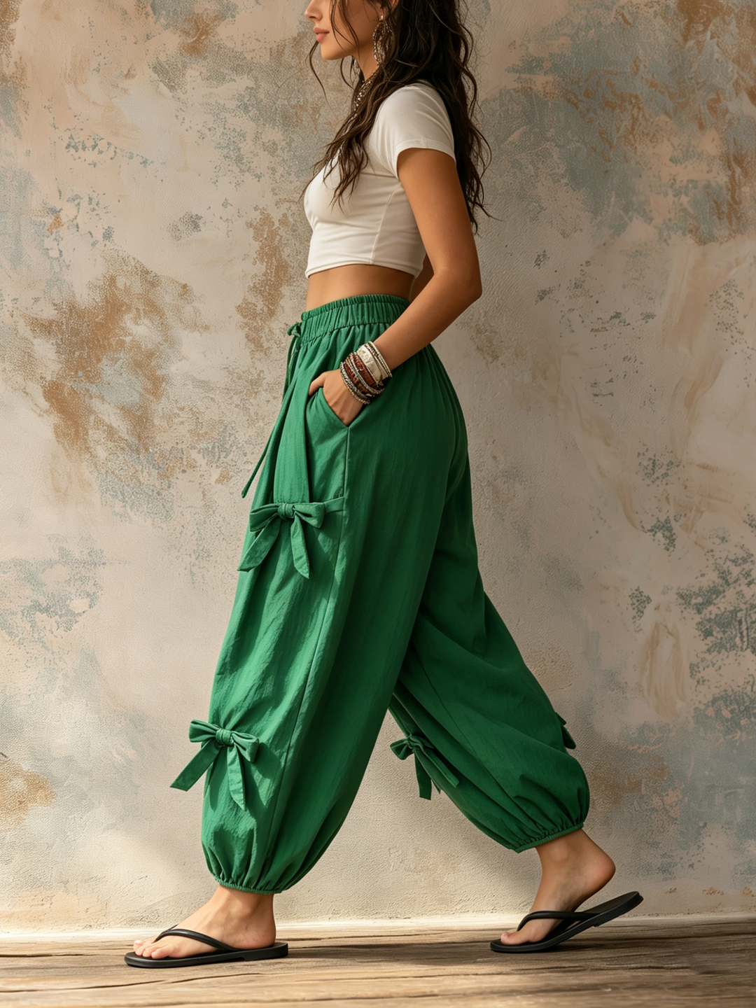Morgan & Brooke | Emerald Green Bow-Tie Waist Balloon Harem Pants