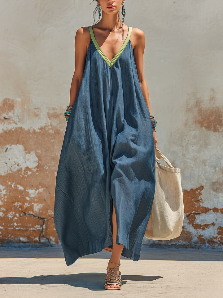 Morgan & Brooke | Blue Sleeveless Lime-Trim Chambray Maxi Dress
