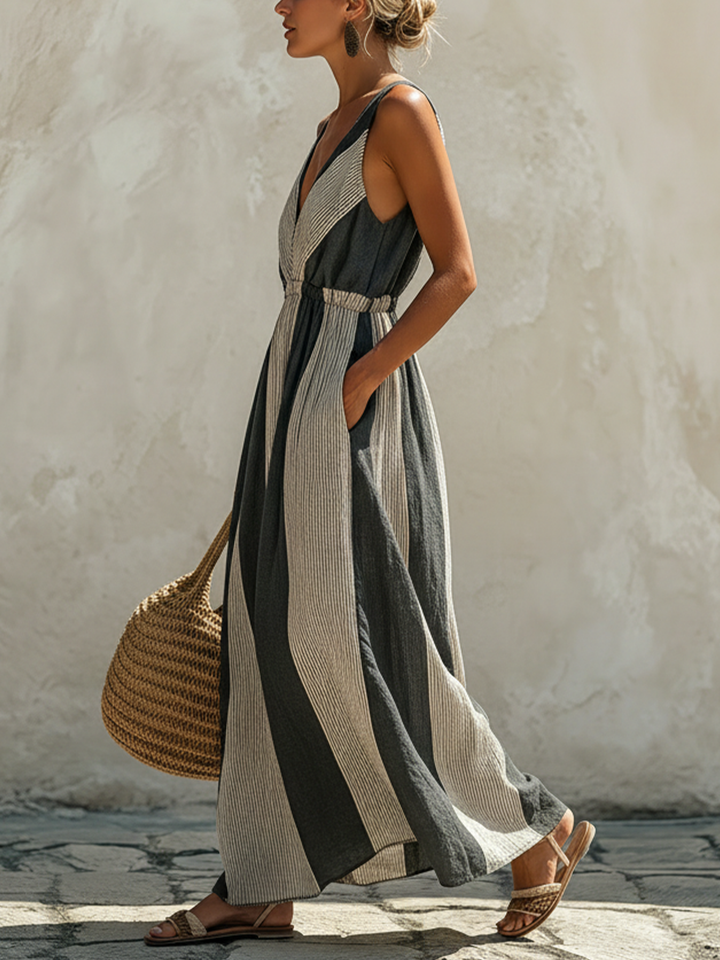 Morgan & Brooke | Blue-White Striped Maxi-Length Linen-Blend Dress