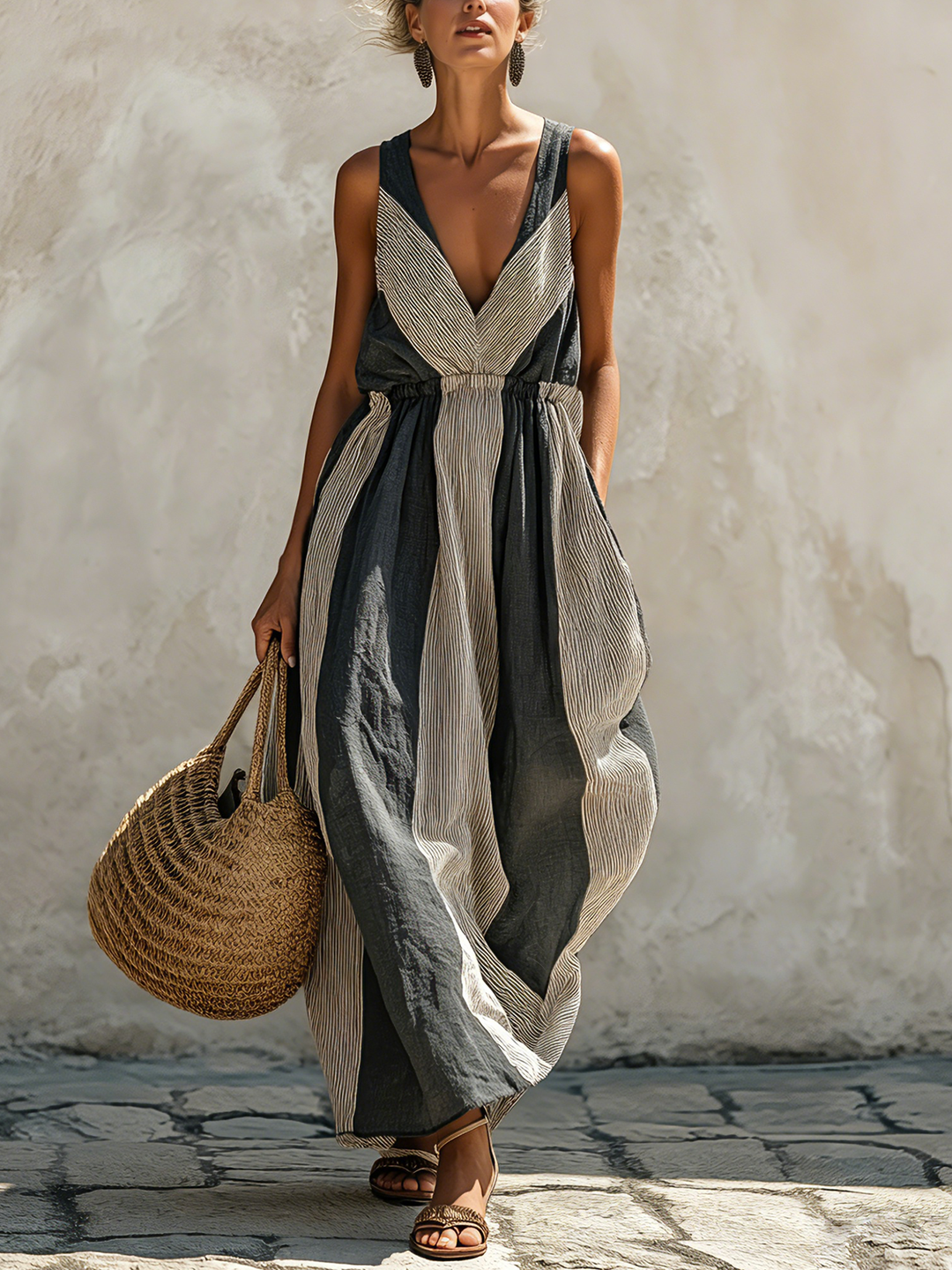 Morgan & Brooke | Blue-White Striped Maxi-Length Linen-Blend Dress