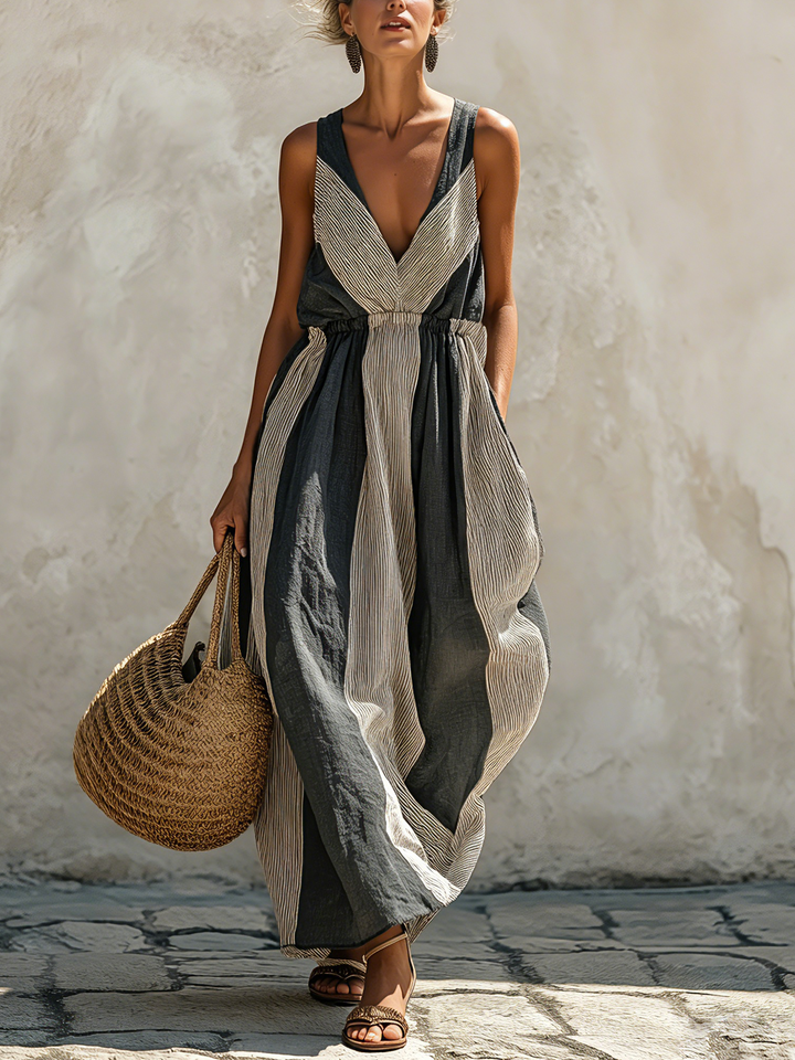 Morgan & Brooke | Blue-White Striped Maxi-Length Linen-Blend Dress
