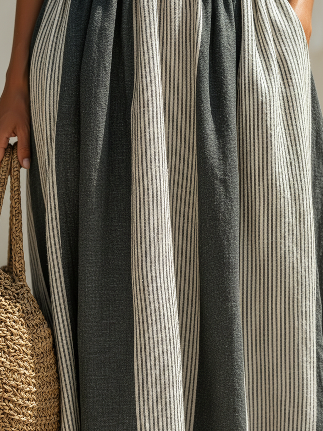 Morgan & Brooke | Blue-White Striped Maxi-Length Linen-Blend Dress