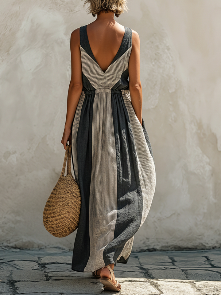 Morgan & Brooke | Blue-White Striped Maxi-Length Linen-Blend Dress