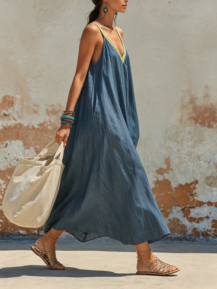 Morgan & Brooke | Blue Sleeveless Lime-Trim Chambray Maxi Dress