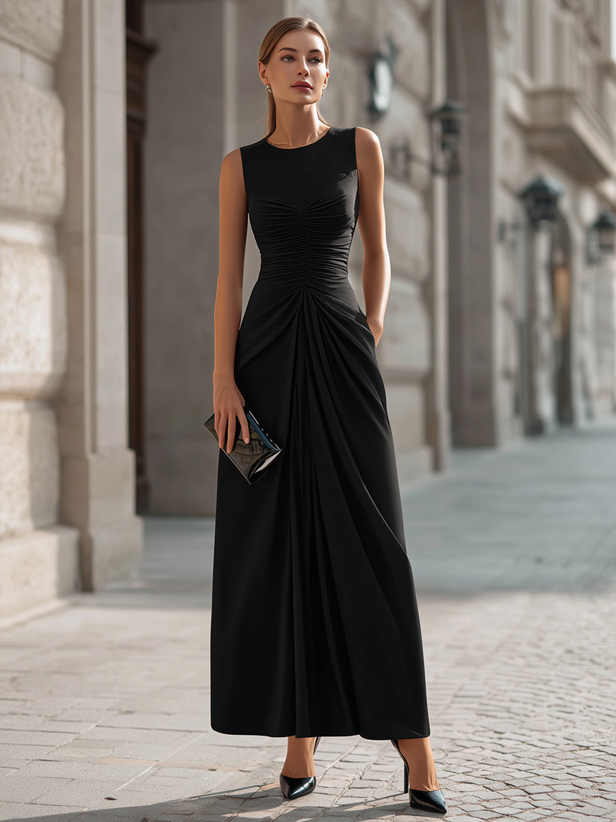 Morgan & Brooke | Black Ruched-Waist Sleeveless Jersey Maxi Dress