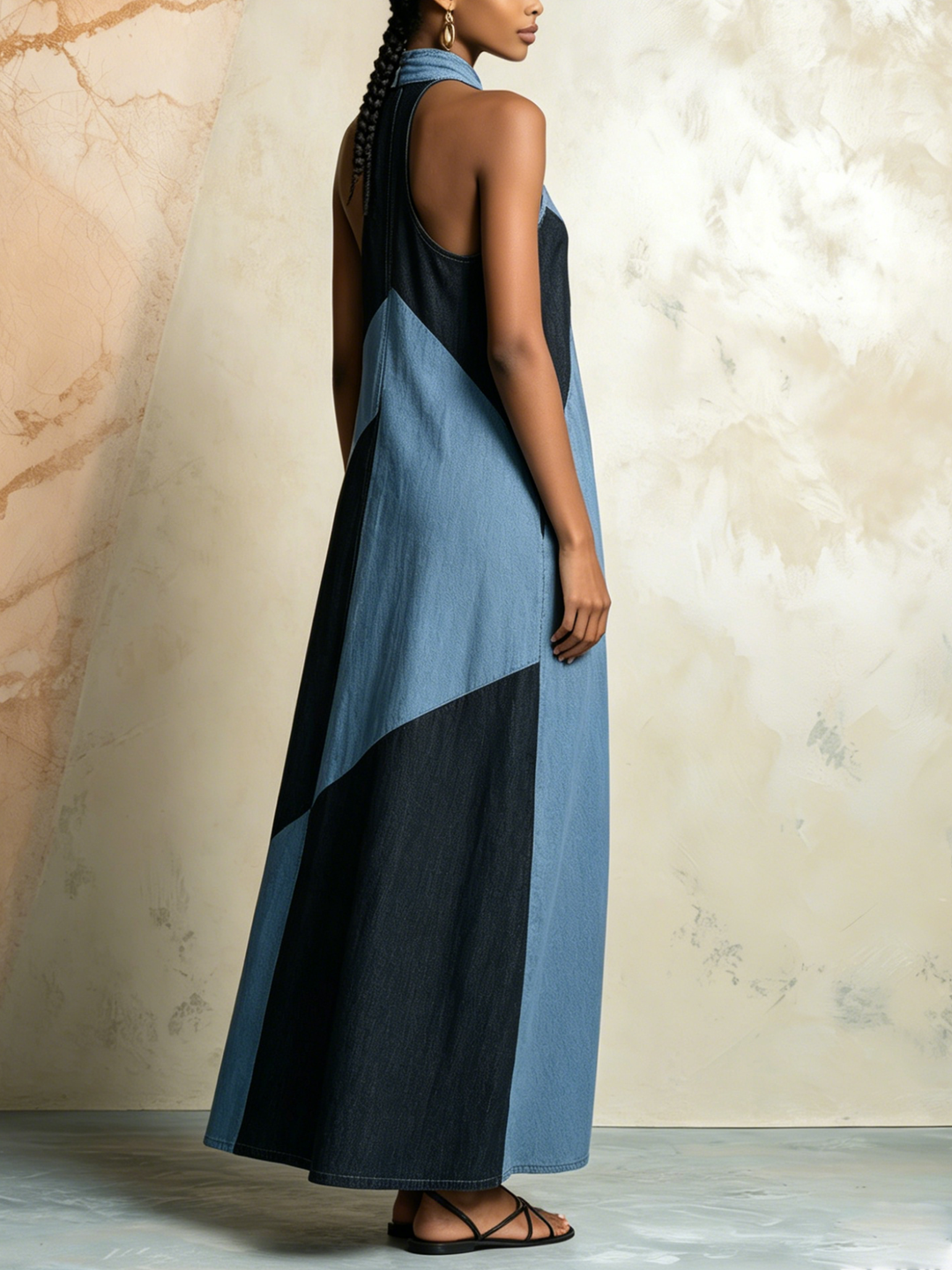 Morgan & Brooke | Colorblock Halter Maxi Denim Dress