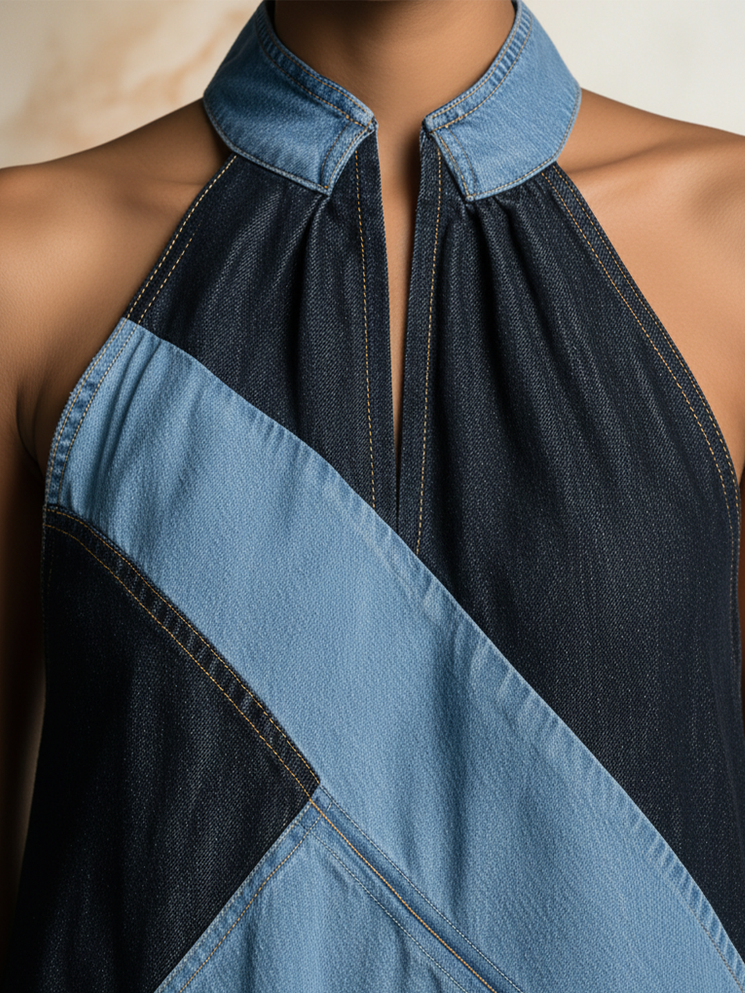 Morgan & Brooke | Colorblock Halter Maxi Denim Dress