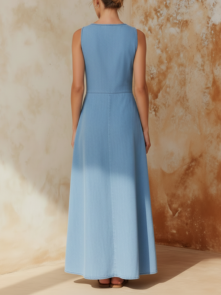 Morgan & Brooke | Light Wash V-Neck Cutout Denim Maxi Dress