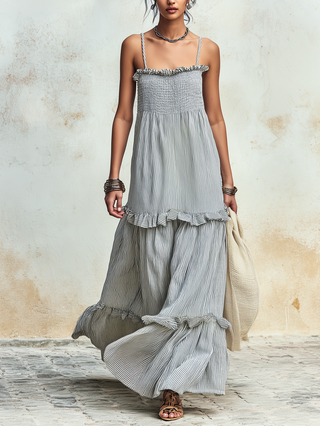 Morgan & Brooke | Striped Smocked Bodice Tiered Ruffle Maxi Dress