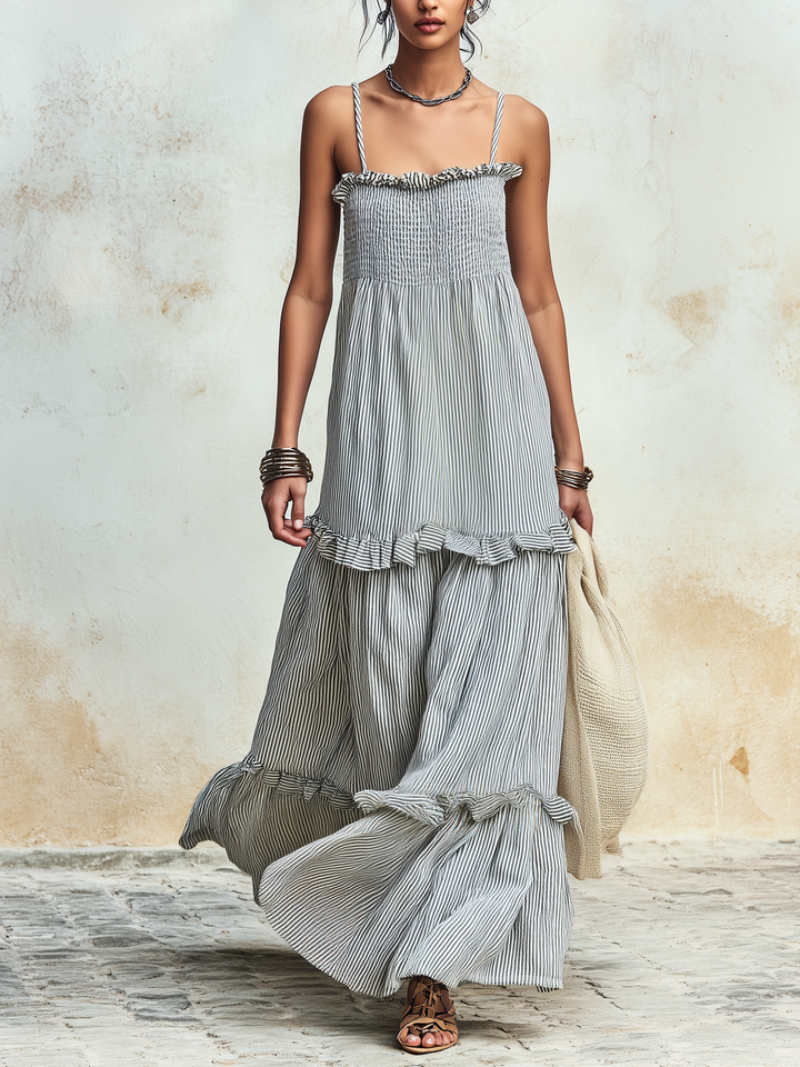 Morgan & Brooke | Striped Smocked Bodice Tiered Ruffle Maxi Dress
