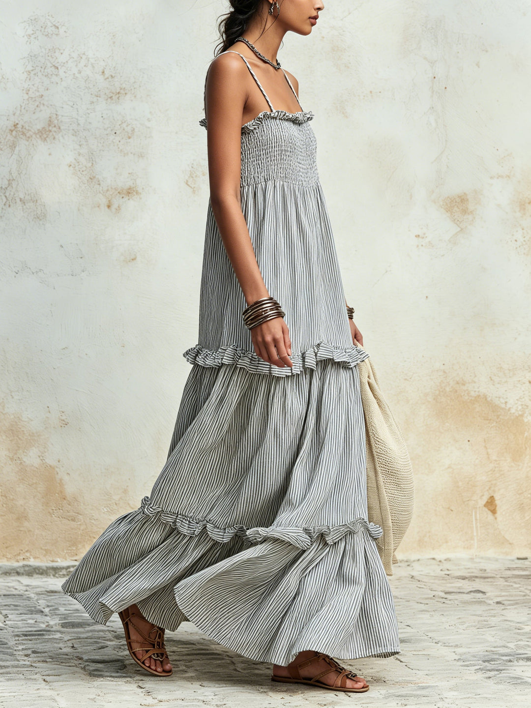 Morgan & Brooke | Striped Smocked Bodice Tiered Ruffle Maxi Dress