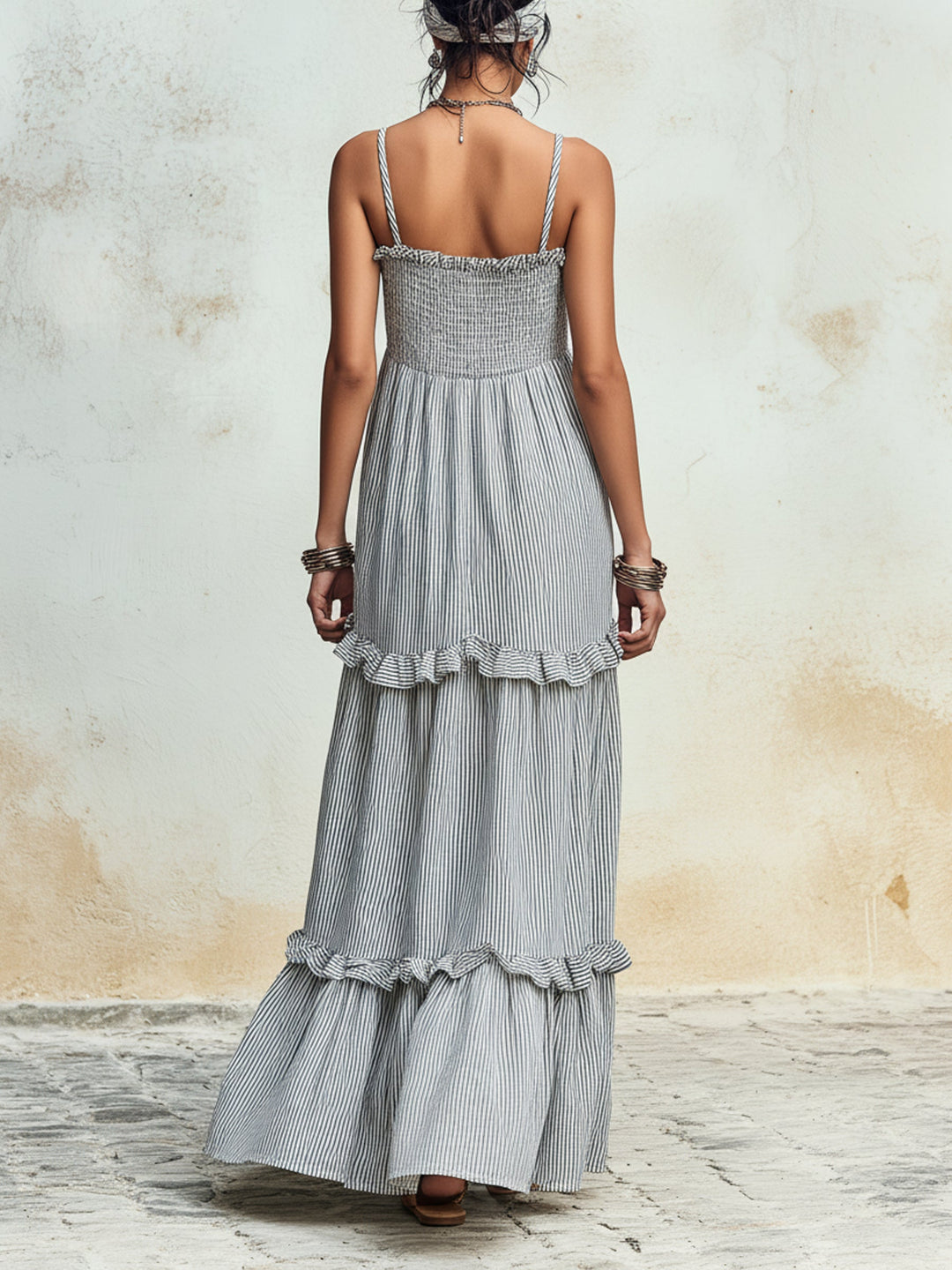 Morgan & Brooke | Striped Smocked Bodice Tiered Ruffle Maxi Dress