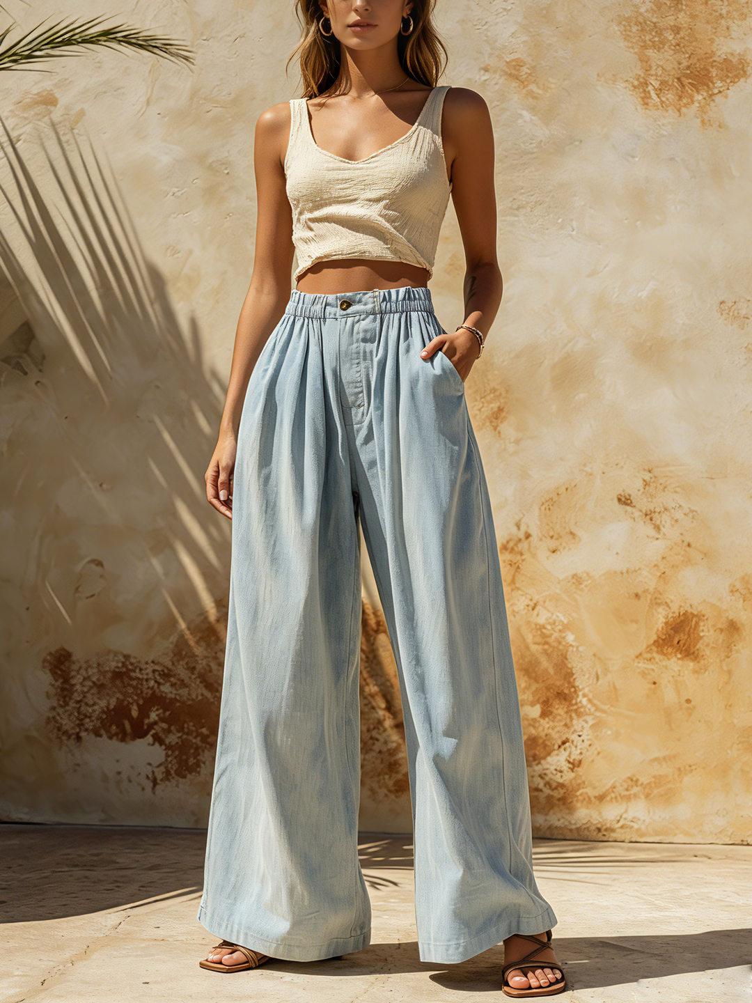 Morgan & Brooke | Light Wash High-Waisted Wide-Leg Denim Pants
