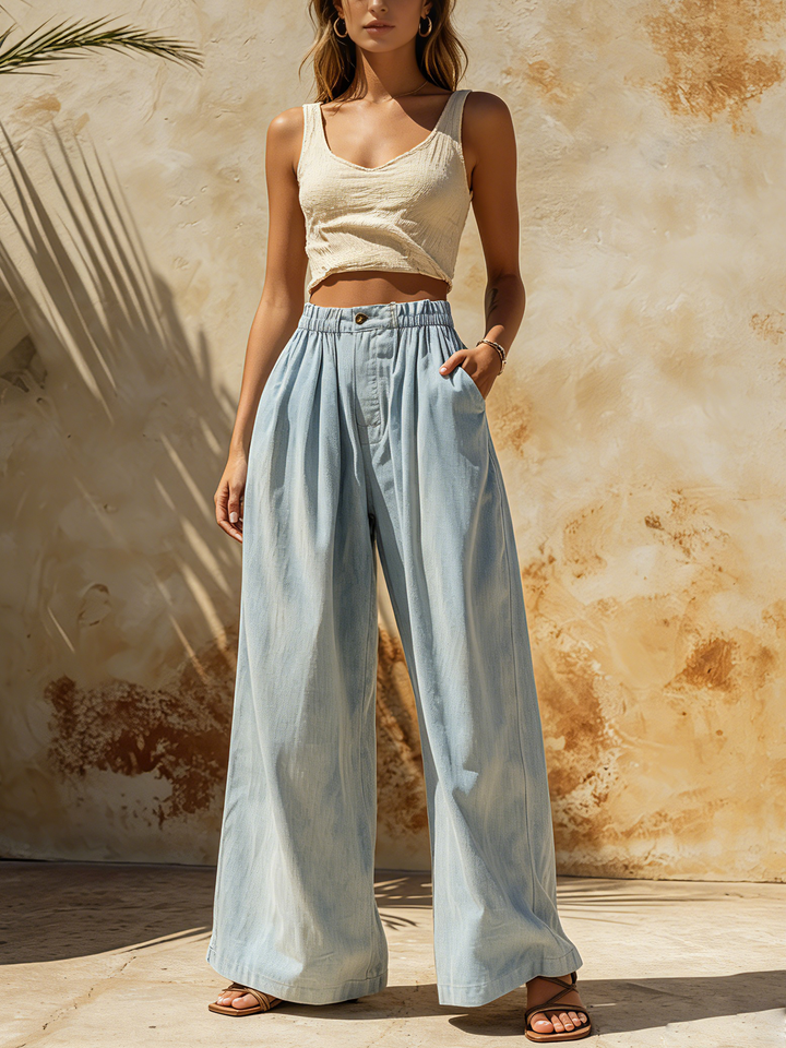 Morgan & Brooke | Light Wash High-Waisted Wide-Leg Denim Pants