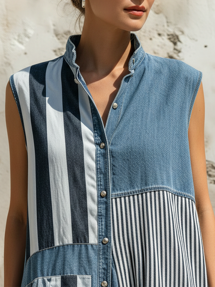 Morgan & Brooke | Blue Patchwork Stand-Collar Denim Maxi Dress