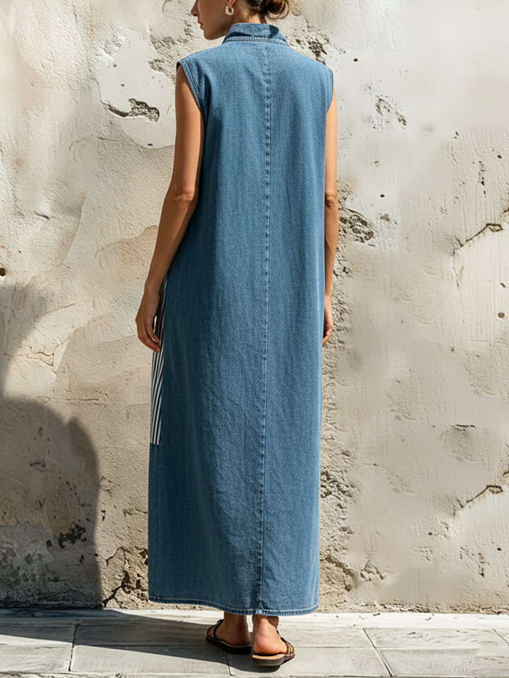 Morgan & Brooke | Blue Patchwork Stand-Collar Denim Maxi Dress