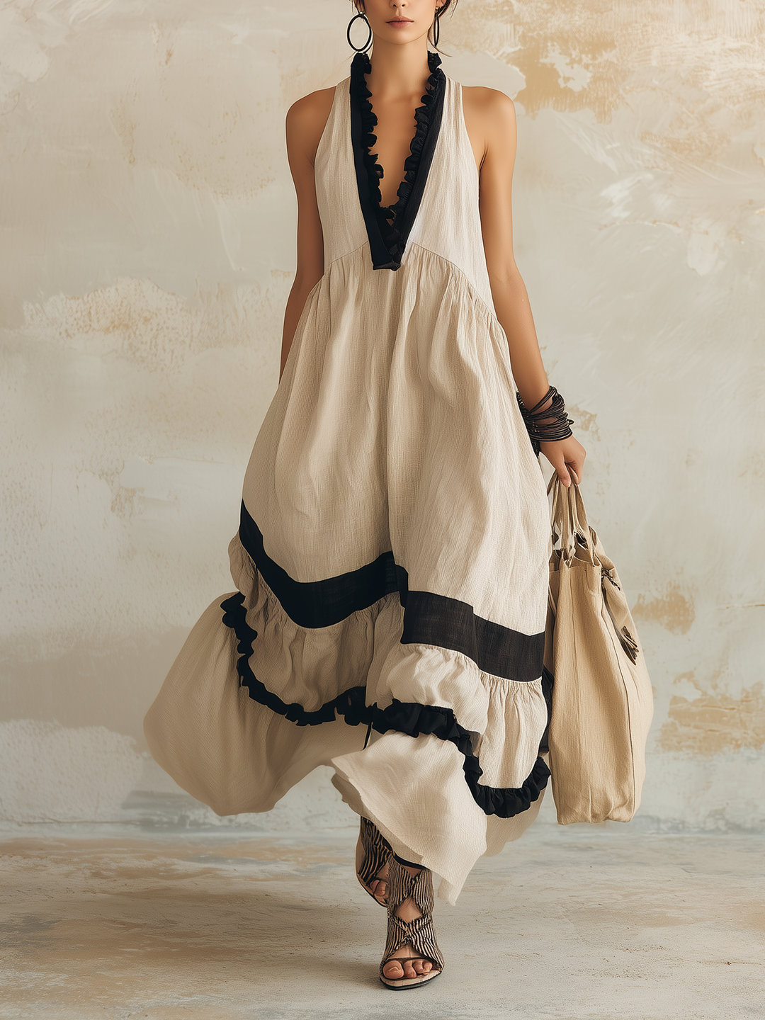 Morgan & Brooke | Halter Neck Tiered Ruffle Linen Maxi Dress