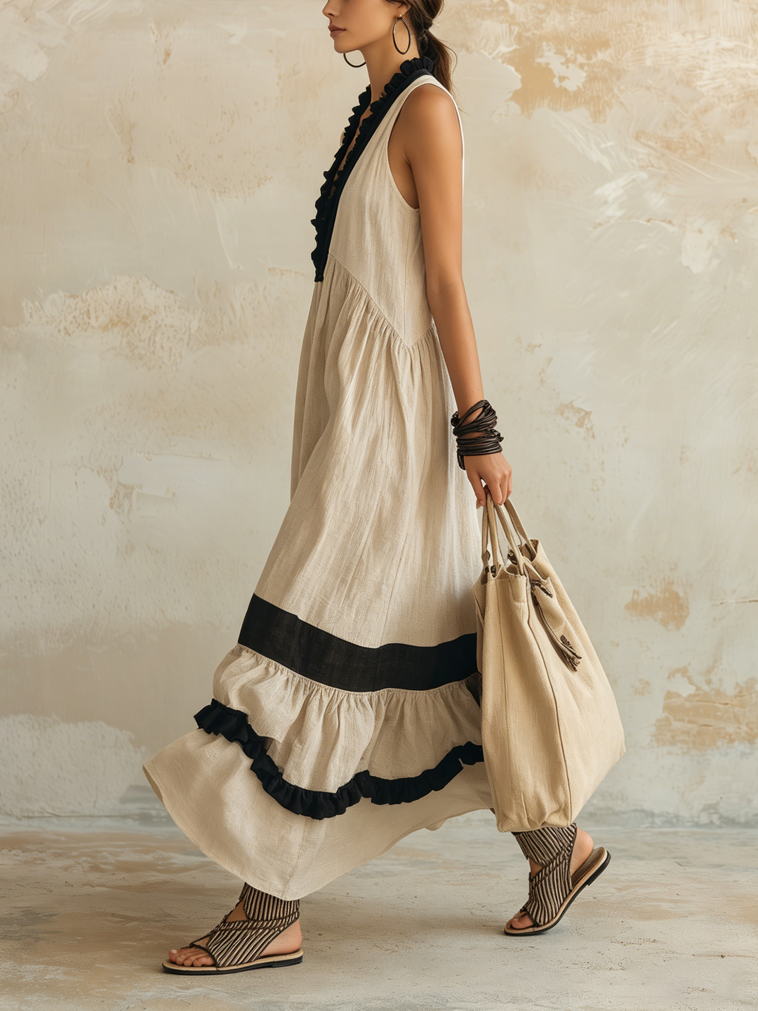 Morgan & Brooke | Halter Neck Tiered Ruffle Linen Maxi Dress