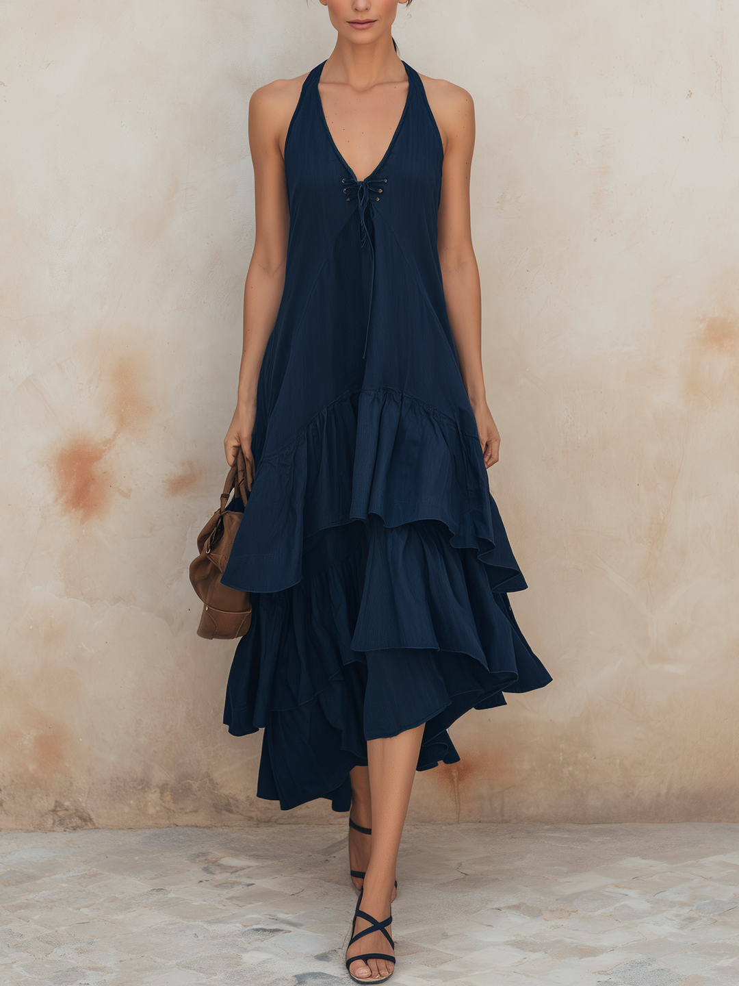 Morgan & Brooke | Navy Halter Neck Tiered Ruffle Lightweight Woven Midi Dress