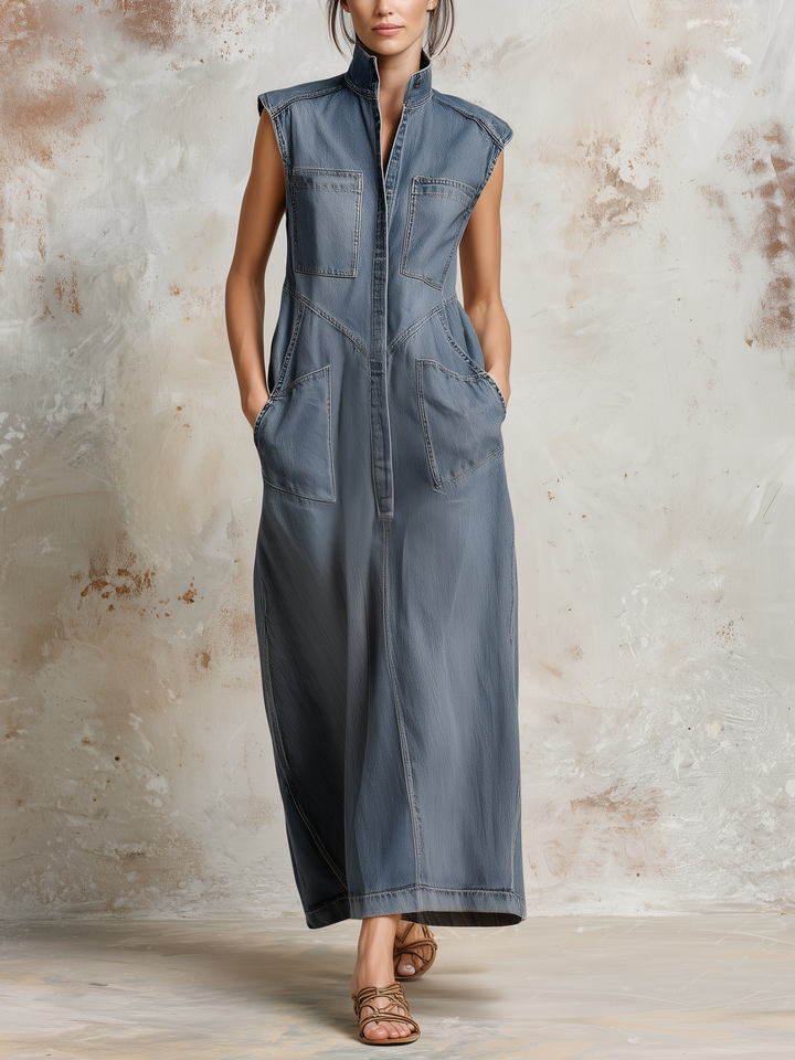 Morgan & Brooke | Blue Sleeveless Stand Collar Denim Maxi Dress