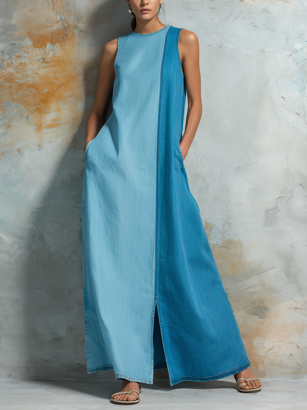 Morgan & Brooke | Two-Tone Sleeveless Side-Slit Washed Denim Maxi Dress