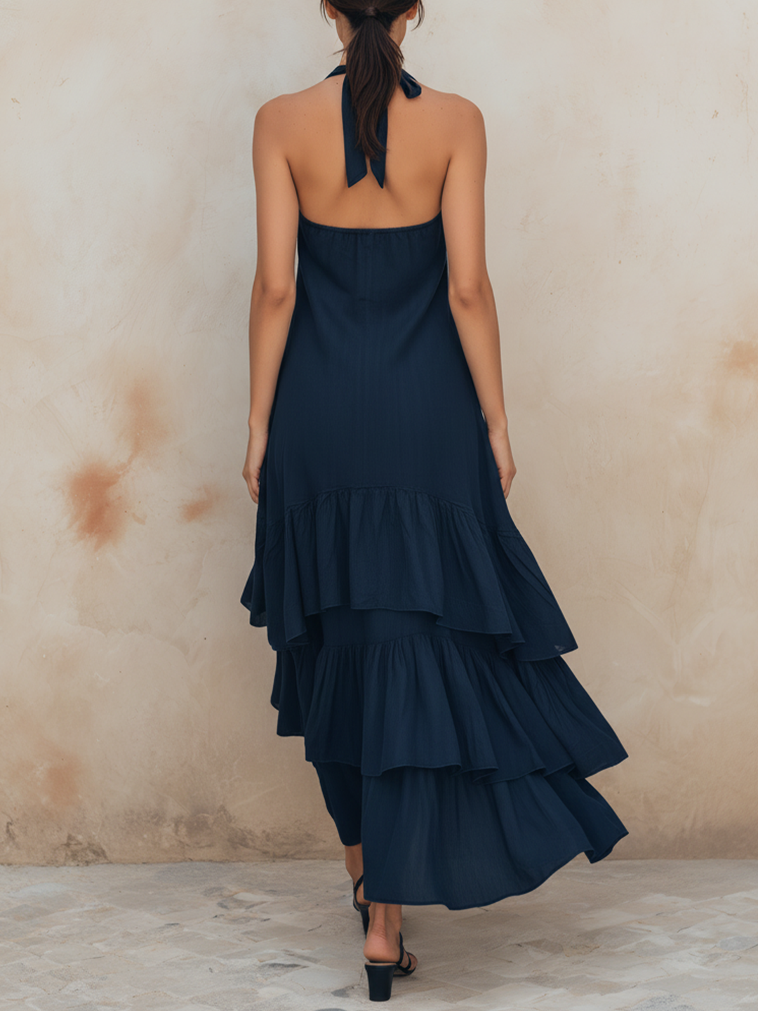 Morgan & Brooke | Navy Halter Neck Tiered Ruffle Lightweight Woven Midi Dress