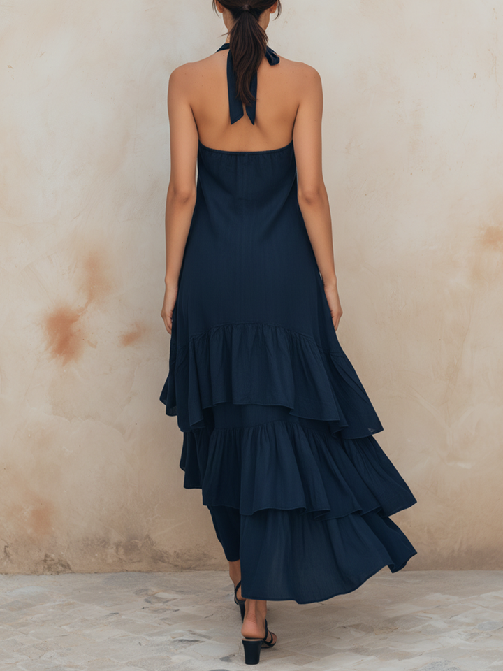 Morgan & Brooke | Navy Halter Neck Tiered Ruffle Lightweight Woven Midi Dress