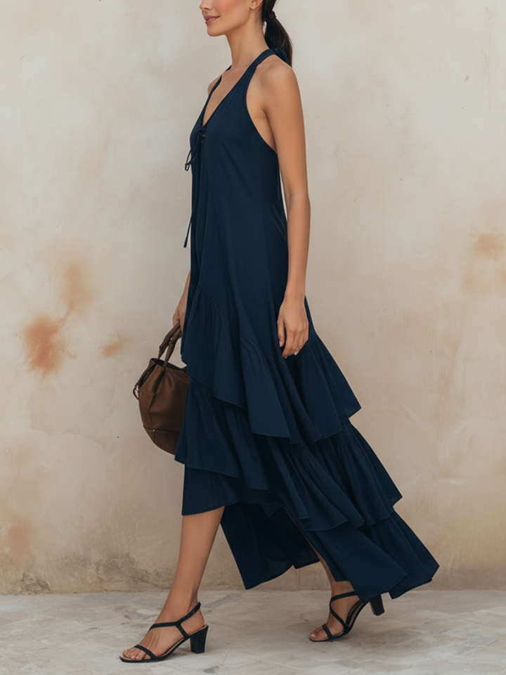 Morgan & Brooke | Navy Halter Neck Tiered Ruffle Lightweight Woven Midi Dress