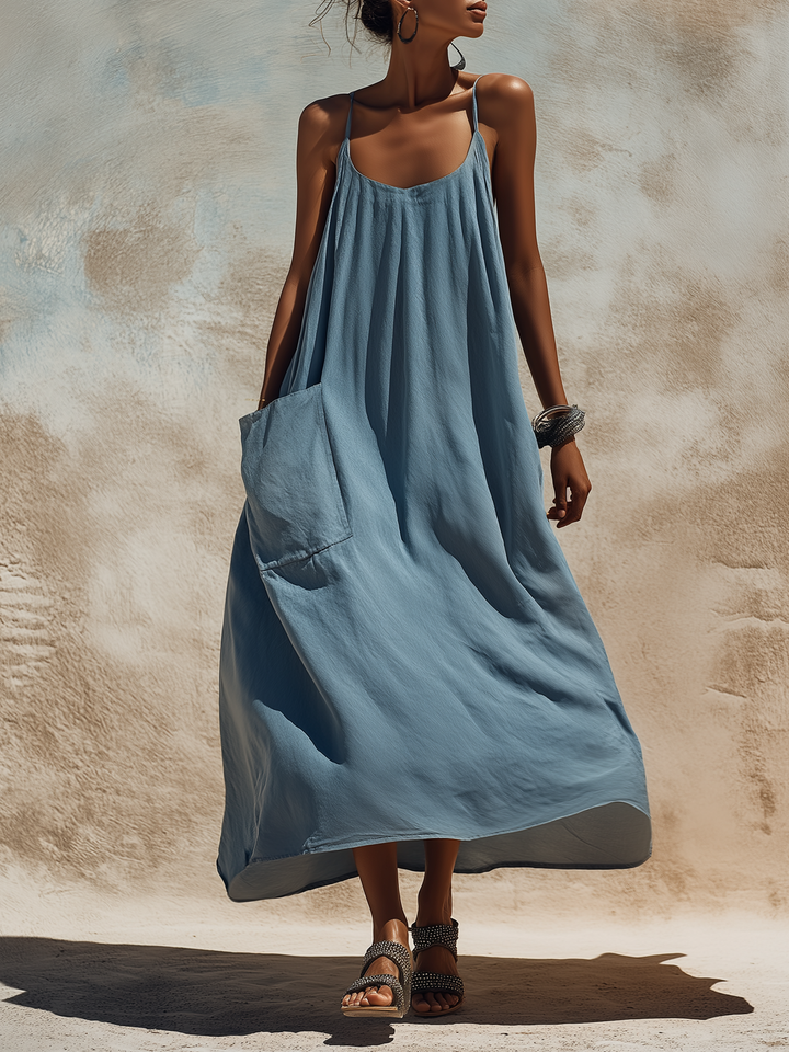 Morgan & Brooke | Slate Blue Maxi Slip Linen-Blend Dress