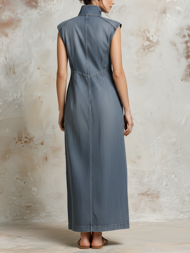 Morgan & Brooke | Blue Sleeveless Stand Collar Denim Maxi Dress