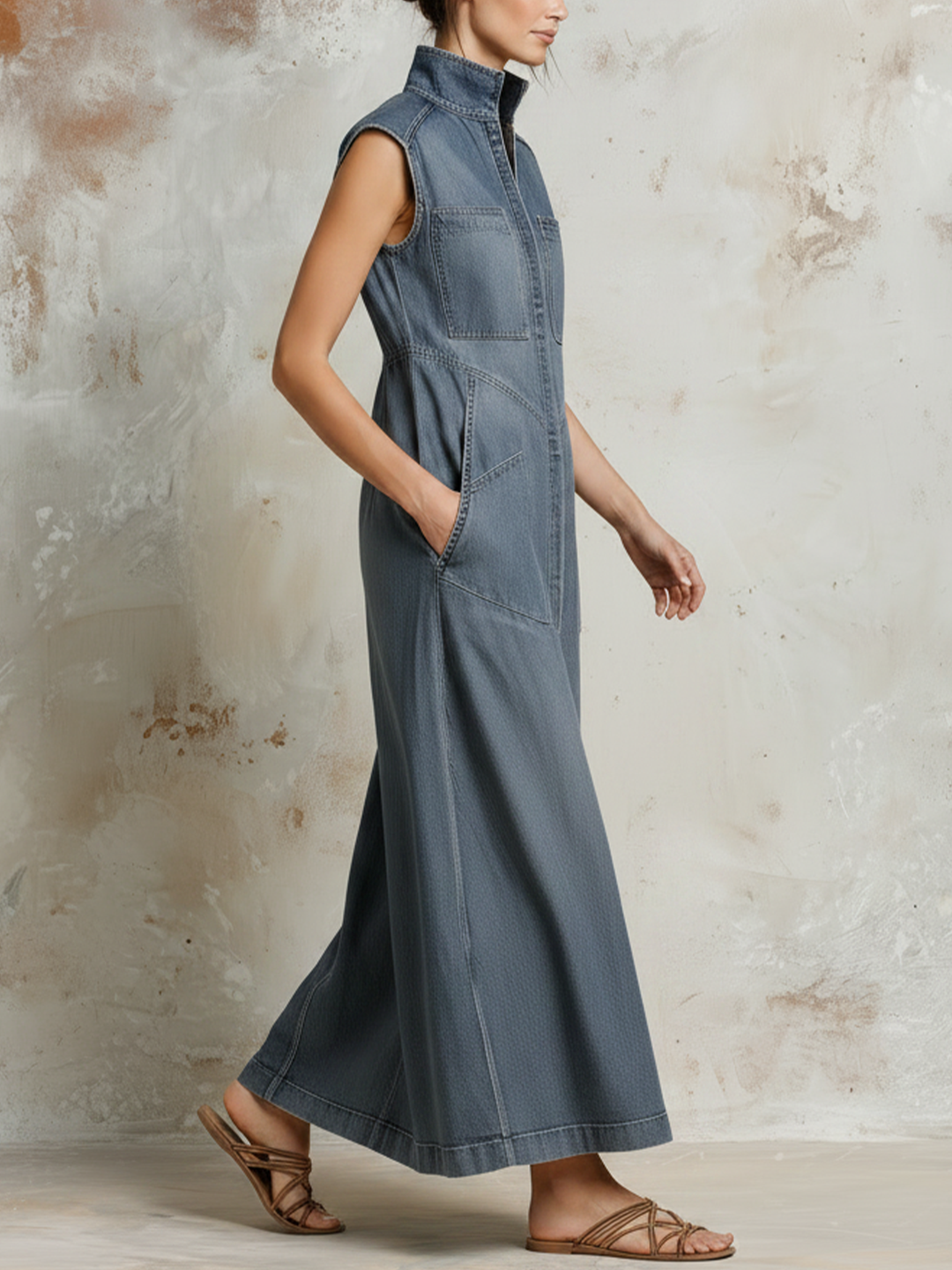 Morgan & Brooke | Blue Sleeveless Stand Collar Denim Maxi Dress