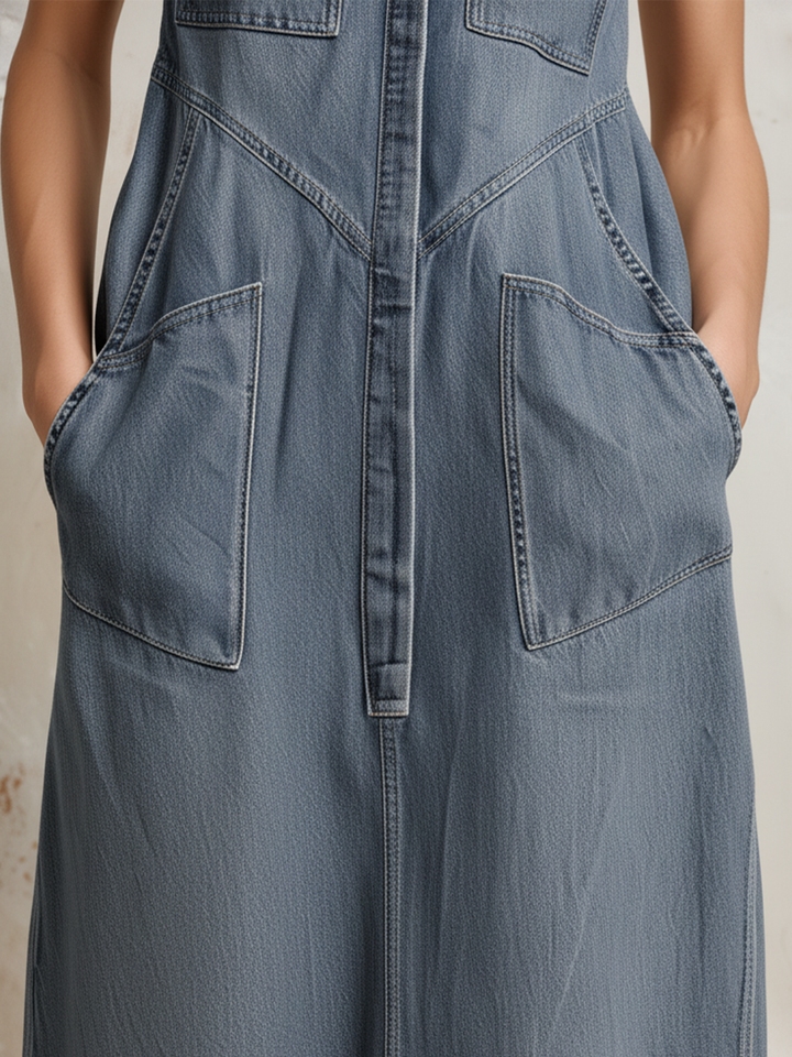 Morgan & Brooke | Blue Sleeveless Stand Collar Denim Maxi Dress