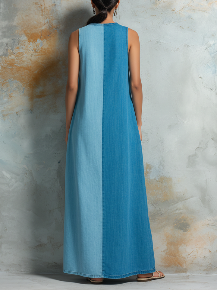 Morgan & Brooke | Two-Tone Sleeveless Side-Slit Washed Denim Maxi Dress