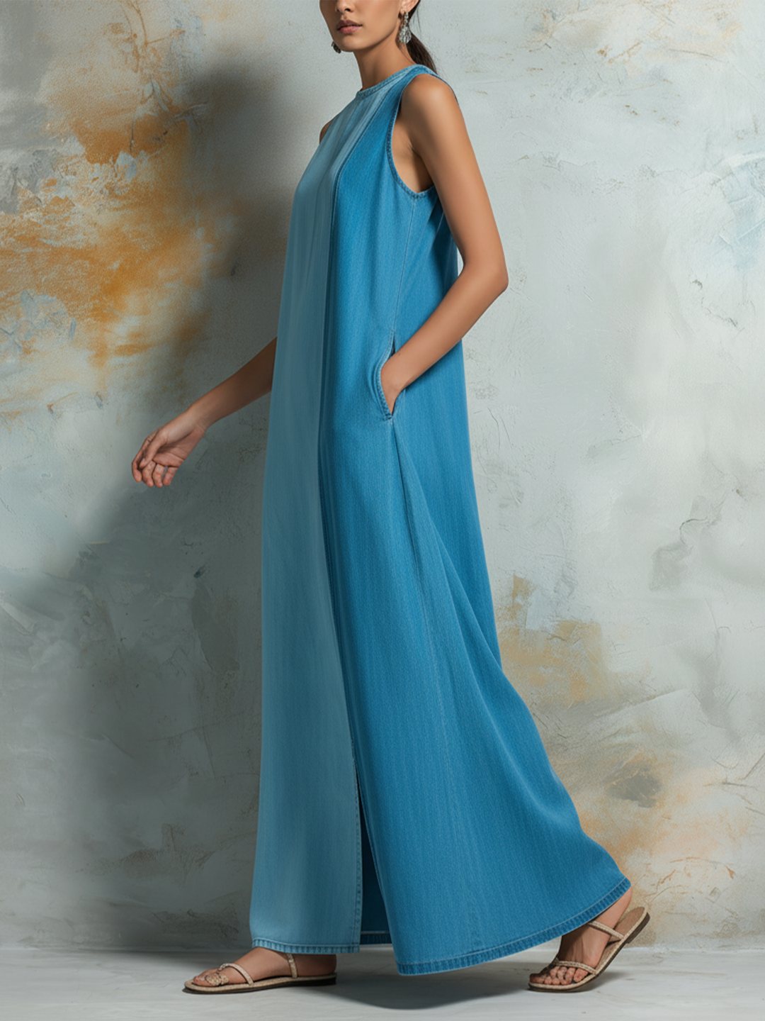 Morgan & Brooke | Two-Tone Sleeveless Side-Slit Washed Denim Maxi Dress