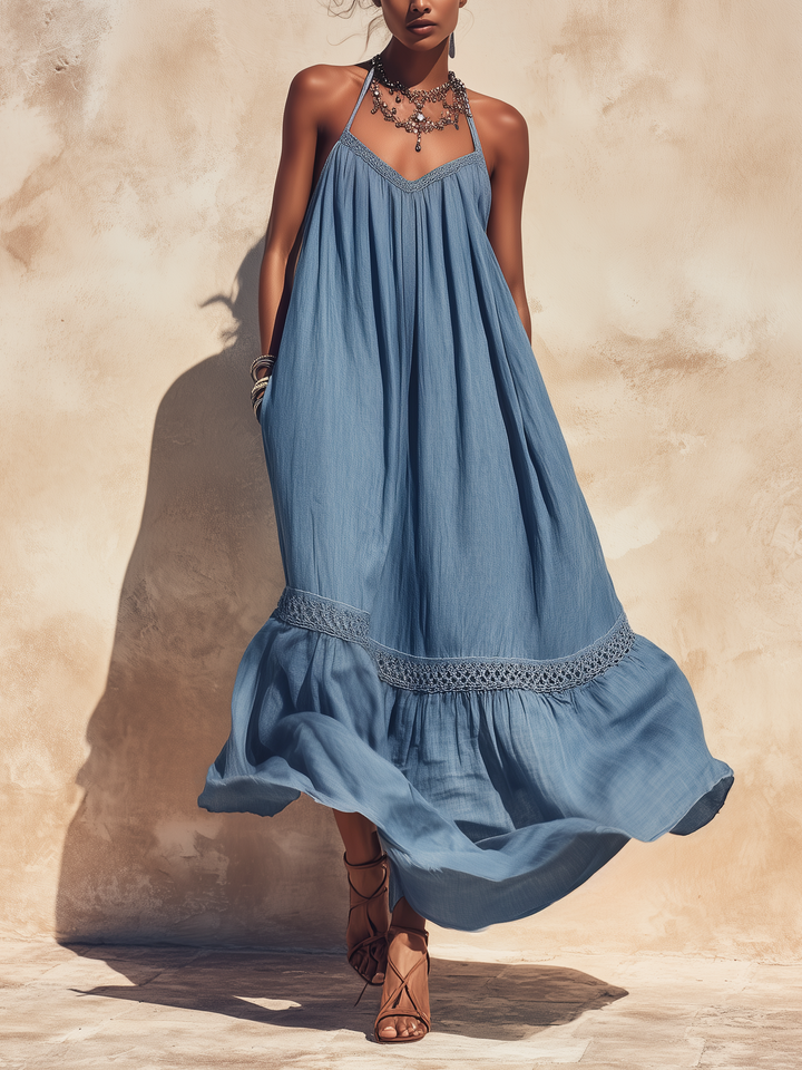 Morgan & Brooke | Halter Neck Crochet-Trim Lightweight Cotton Maxi Dress