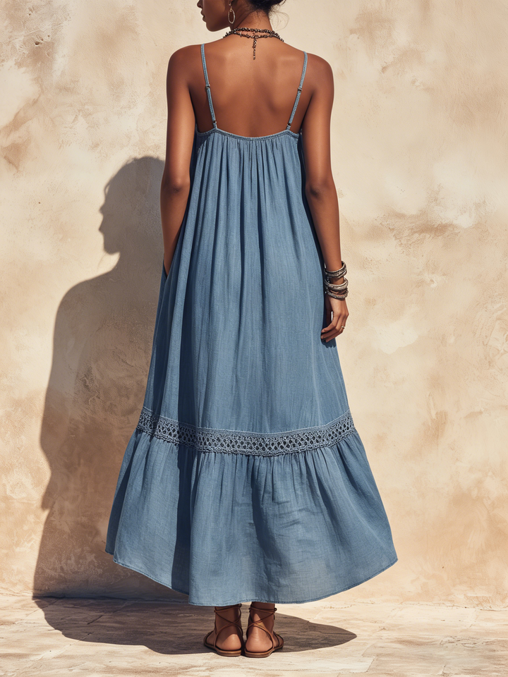 Morgan & Brooke | Halter Neck Crochet-Trim Lightweight Cotton Maxi Dress