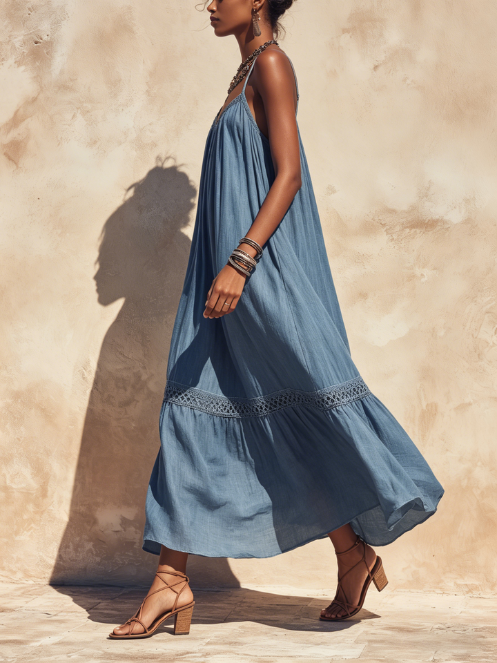 Morgan & Brooke | Halter Neck Crochet-Trim Lightweight Cotton Maxi Dress