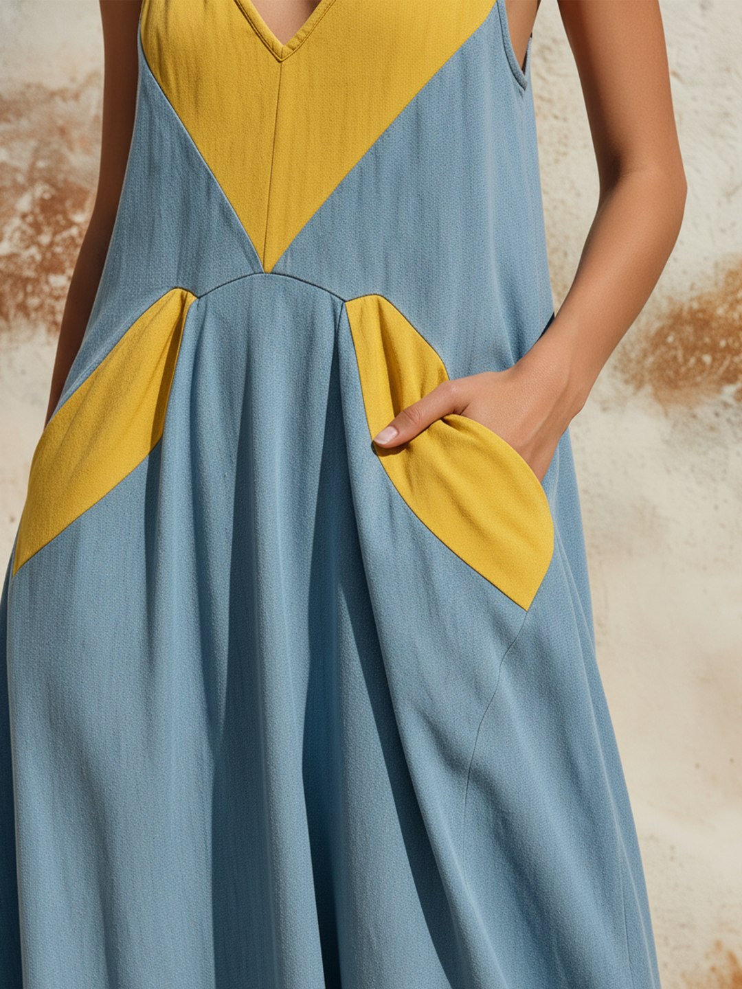 Morgan & Brooke | Two-Tone Slip-Cut, Pockets Denim Maxi Dress