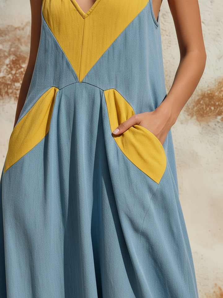 Morgan & Brooke | Two-Tone Slip-Cut, Pockets Denim Maxi Dress